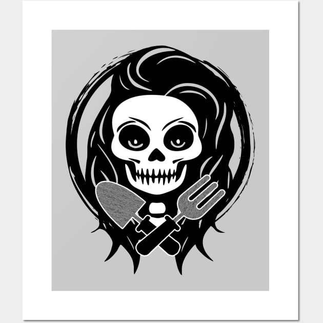 Female Gardener Skull and Garden Tools Black Logo Wall Art by Nuletto